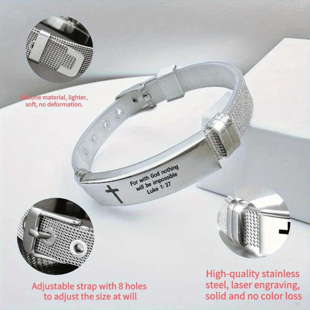 Adjustable Bible 304 Stainless Steel Bracelet with Cross And Proverb Verse "For with God Nothing Is Impossible"