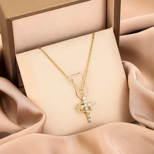 Elegant Crown Cross Pendant Necklace with Cubic Zirconia