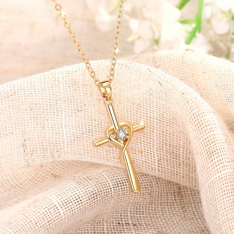 Cross Pendant Necklace with Heart-Shaped Synthetic Zirconia Inlay - Elegant
