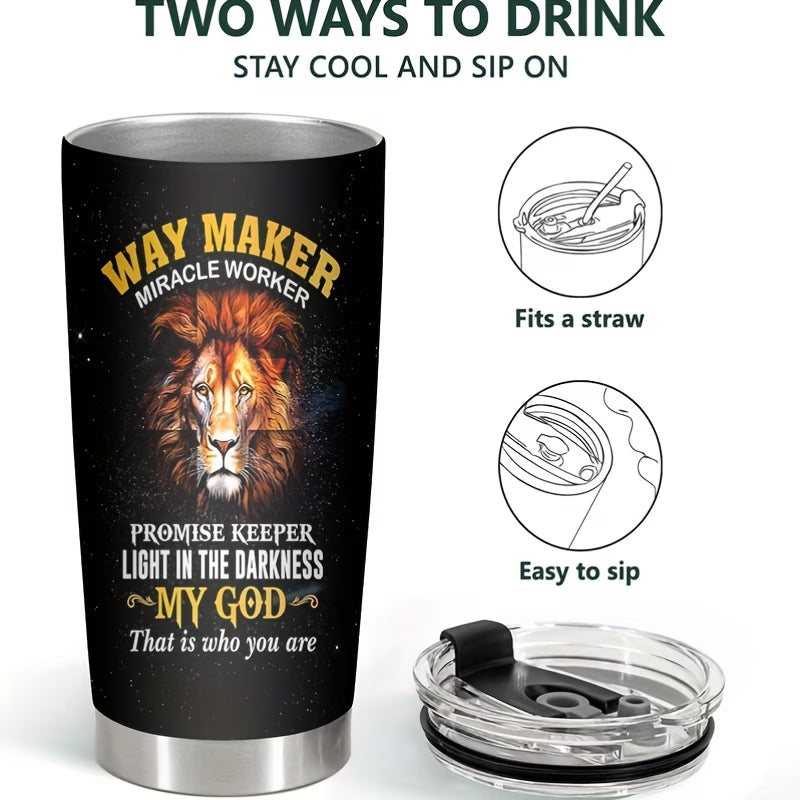 20oz Stainless Steel Christian Tumbler with Lion Design - Inspirational Bible Verse Travel Mug