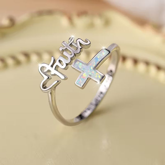 2g Unique 925 Sterling Silvery White Opal Cross Letter Faith Open Ring for Women