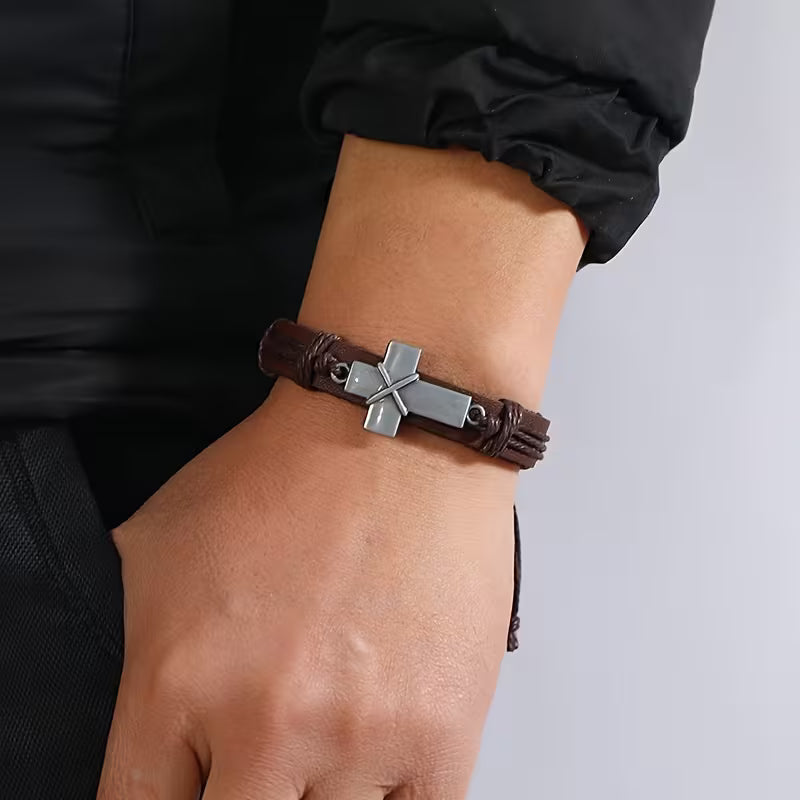 Retro Braided Cowhide Bracelet Simple Pull-Adjustable Cross Bracelet for Men One Piece