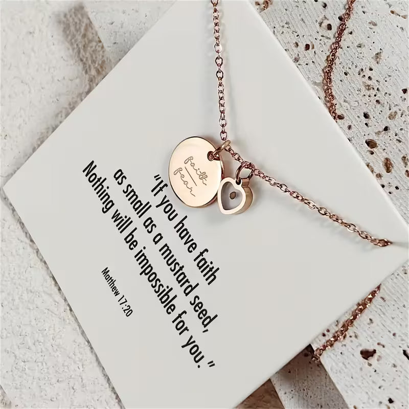 Elegant Vintage Stainless Steel Rose Golden Necklace Pendant with Heart Charm, Inspired by Matthew 17:20, for Daily Occasion and Gift-giving