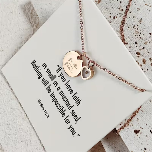 Elegant Vintage Stainless Steel Rose Golden Necklace Pendant with Heart Charm, Inspired by Matthew 17:20, for Daily Occasion and Gift-giving