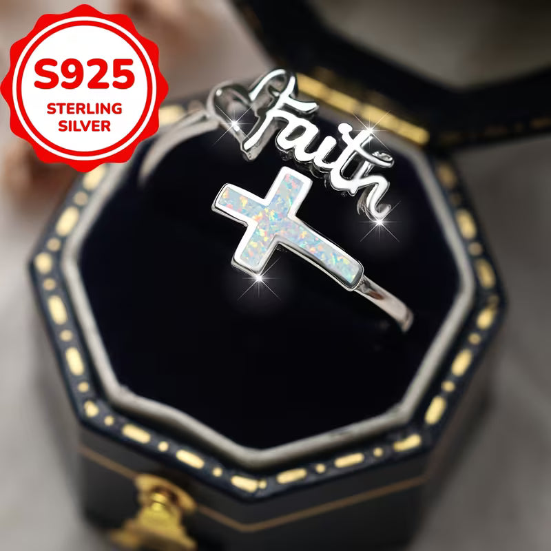 2g Unique 925 Sterling Silvery White Opal Cross Letter Faith Open Ring for Women
