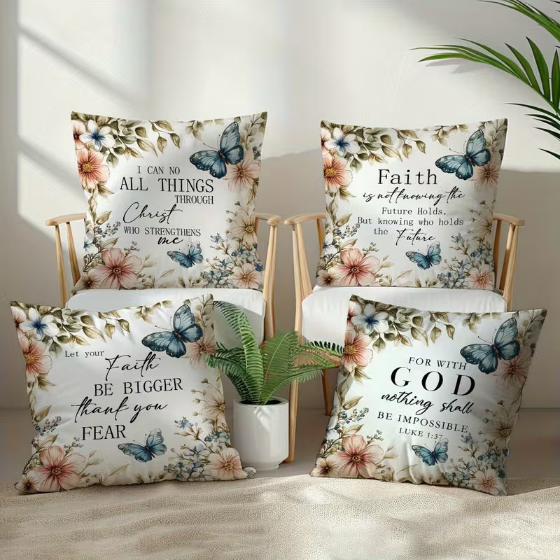 4-Piece Watercolour Butterfly & Floral Bible Verse Pillowcase Set – Christian Decorative Cushion Covers (44.96 x 44.96 cm)