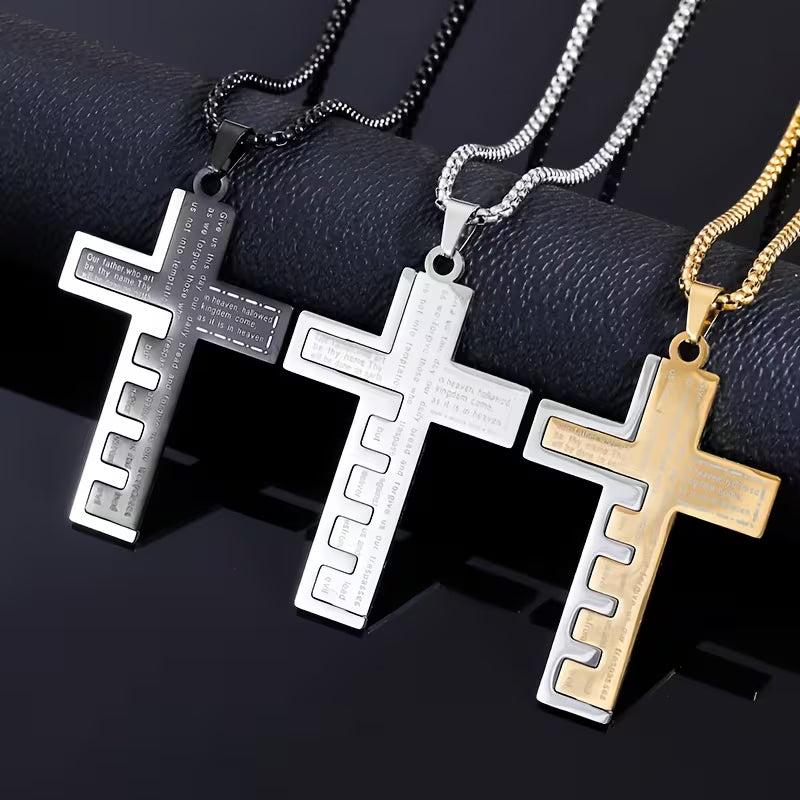 Vintage Christian Scripture Cross Pendant Necklace  Stainless Steel | Inspirational Bible Verse Engraved | Unisex Faith Jewelry