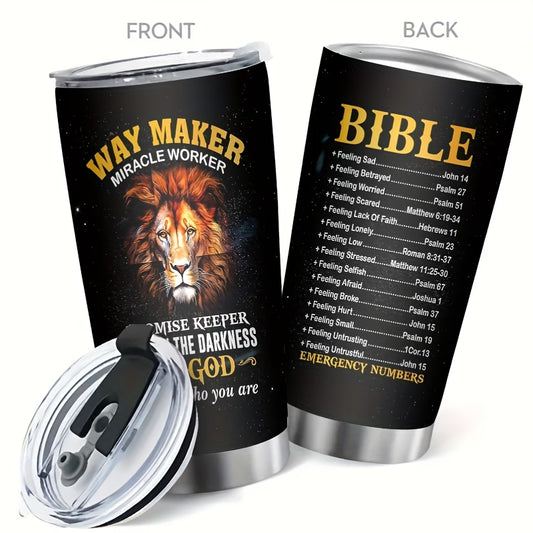 20oz Stainless Steel Christian Tumbler with Lion Design - Inspirational Bible Verse Travel Mug