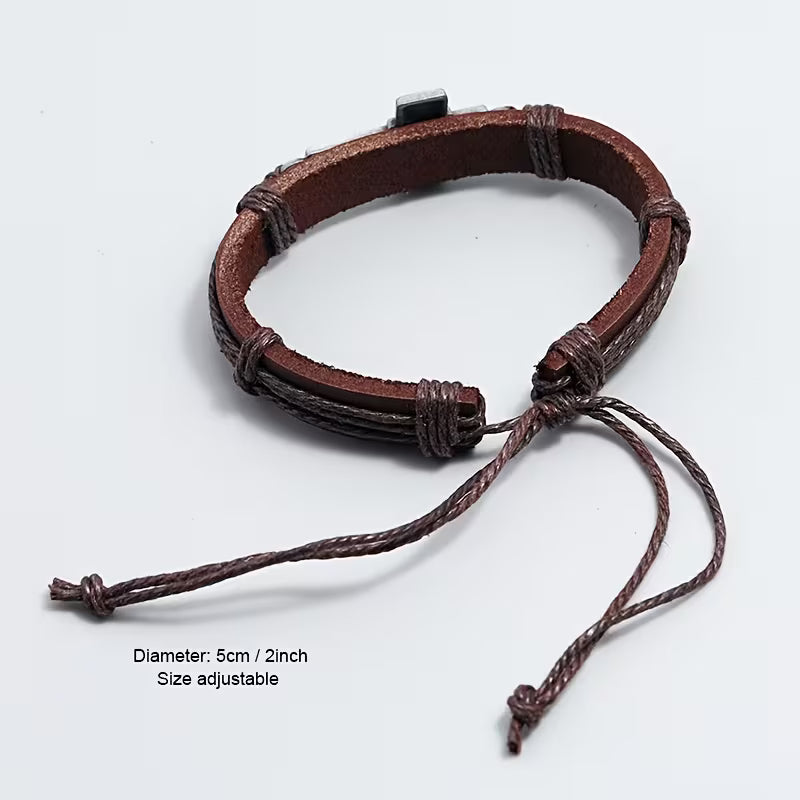 Retro Braided Cowhide Bracelet Simple Pull-Adjustable Cross Bracelet for Men One Piece