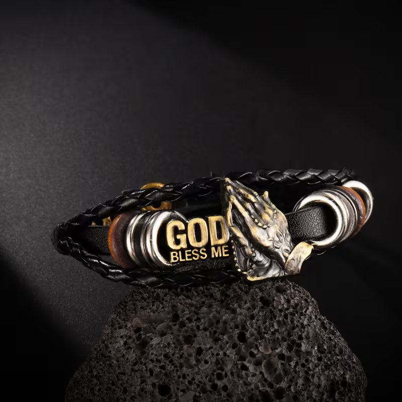 pc Men's Retro Black PU Leather Multi-layer Braided Bracelet Punk Style 'God Bless' Bracelet