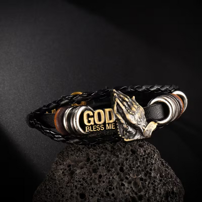 pc Men's Retro Black PU Leather Multi-layer Braided Bracelet Punk Style 'God Bless' Bracelet