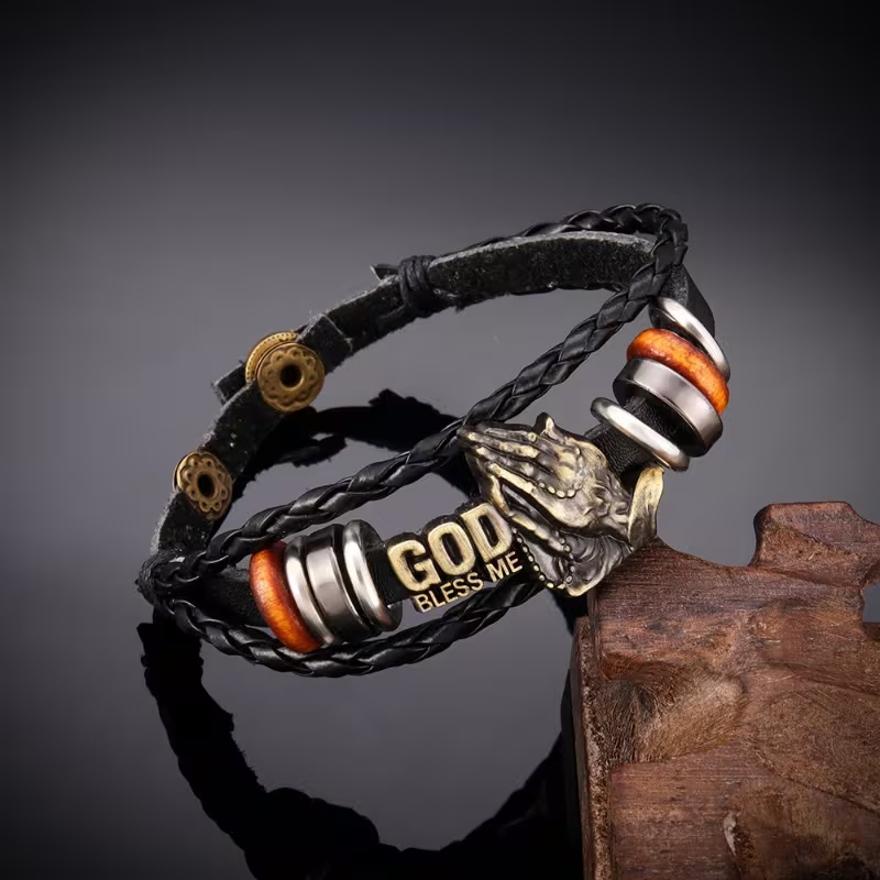 pc Men's Retro Black PU Leather Multi-layer Braided Bracelet Punk Style 'God Bless' Bracelet