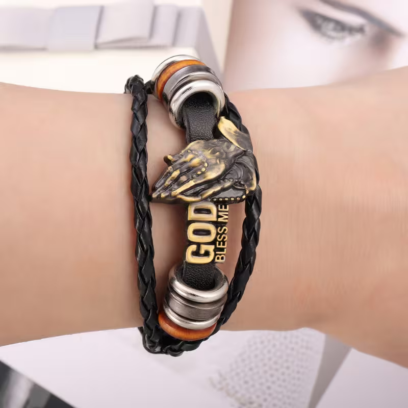pc Men's Retro Black PU Leather Multi-layer Braided Bracelet Punk Style 'God Bless' Bracelet