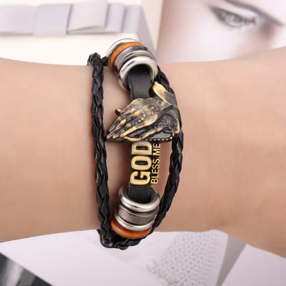pc Men's Retro Black PU Leather Multi-layer Braided Bracelet Punk Style 'God Bless' Bracelet