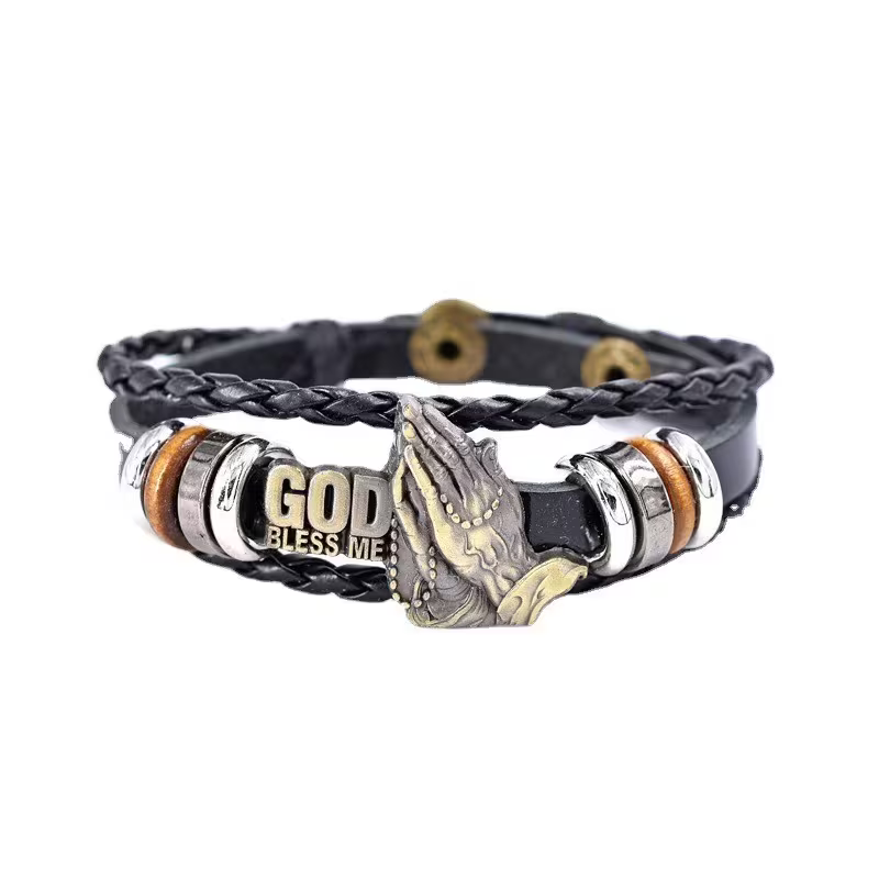pc Men's Retro Black PU Leather Multi-layer Braided Bracelet Punk Style 'God Bless' Bracelet