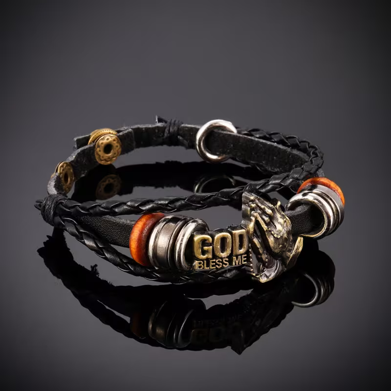 pc Men's Retro Black PU Leather Multi-layer Braided Bracelet Punk Style 'God Bless' Bracelet
