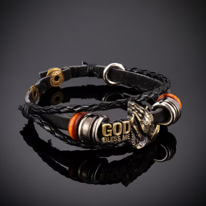 pc Men's Retro Black PU Leather Multi-layer Braided Bracelet Punk Style 'God Bless' Bracelet