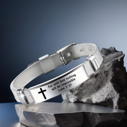 Adjustable Bible 304 Stainless Steel Bracelet with Cross And Proverb Verse "For with God Nothing Is Impossible"