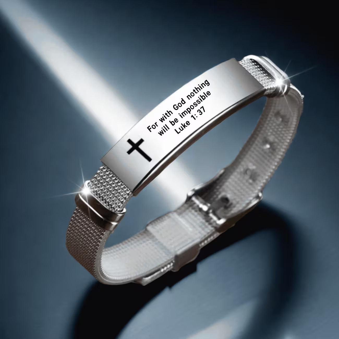 Adjustable Bible 304 Stainless Steel Bracelet with Cross And Proverb Verse "For with God Nothing Is Impossible"