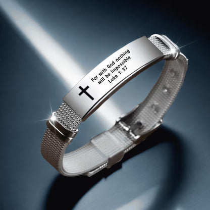 Adjustable Bible 304 Stainless Steel Bracelet with Cross And Proverb Verse "For with God Nothing Is Impossible"