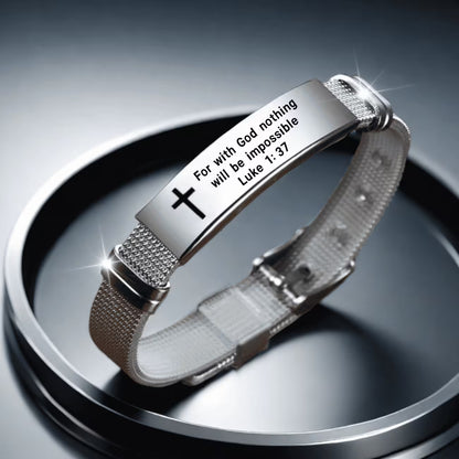 Adjustable Bible 304 Stainless Steel Bracelet with Cross And Proverb Verse "For with God Nothing Is Impossible"