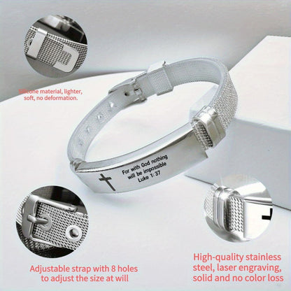Adjustable Bible 304 Stainless Steel Bracelet with Cross And Proverb Verse "For with God Nothing Is Impossible"