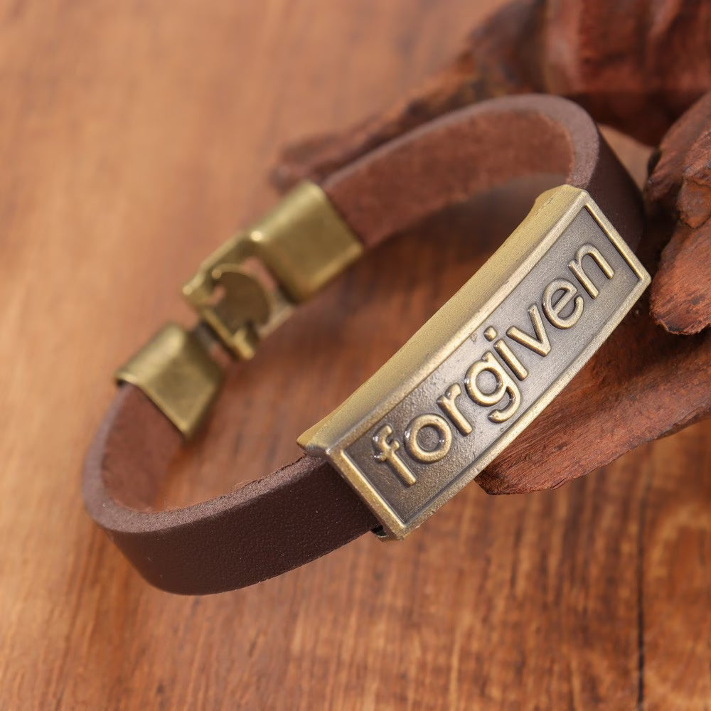Forgiven Christian Leather Bracelet – Vintage Faith Wristband for Men ✝️  It's: