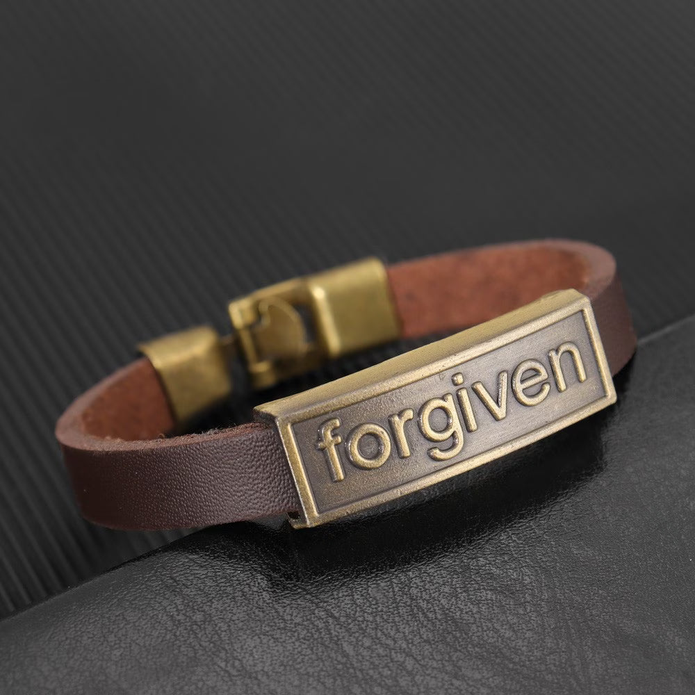 Forgiven Christian Leather Bracelet – Vintage Faith Wristband for Men ✝️  It's: