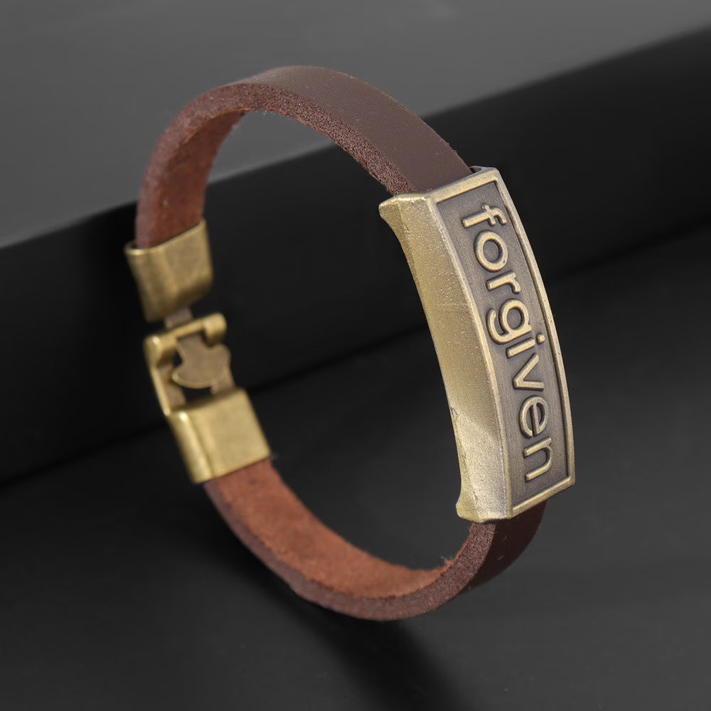 Forgiven Christian Leather Bracelet – Vintage Faith Wristband for Men ✝️  It's: