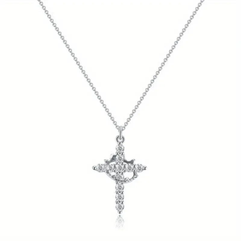 Elegant Crown Cross Pendant Necklace with Cubic Zirconia