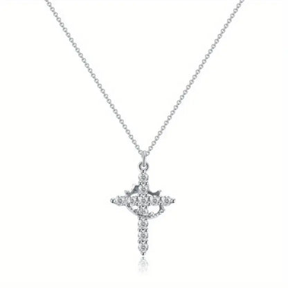 Elegant Crown Cross Pendant Necklace with Cubic Zirconia