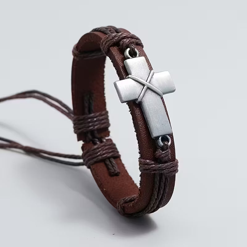 Retro Braided Cowhide Bracelet Simple Pull-Adjustable Cross Bracelet for Men One Piece