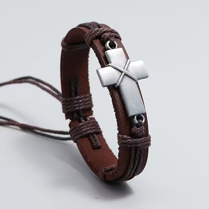 Retro Braided Cowhide Bracelet Simple Pull-Adjustable Cross Bracelet for Men One Piece