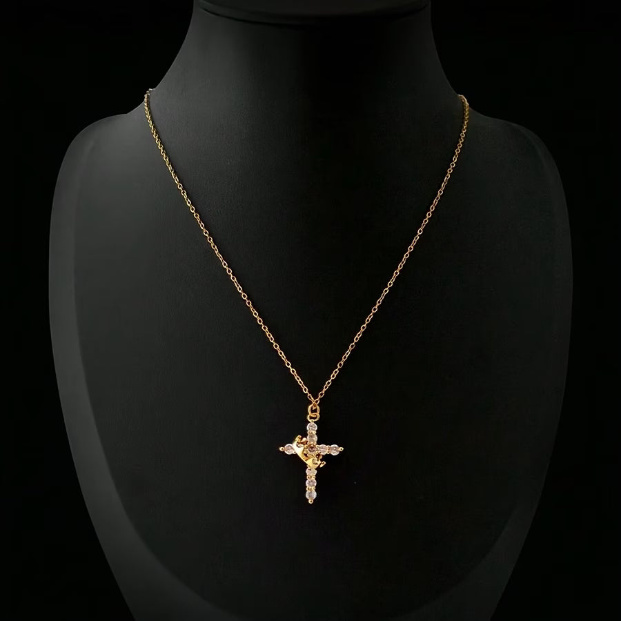 Elegant Crown Cross Pendant Necklace with Cubic Zirconia