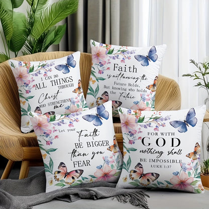 4-Piece Watercolour Butterfly & Floral Bible Verse Pillowcase Set – Christian Decorative Cushion Covers (44.96 x 44.96 cm)