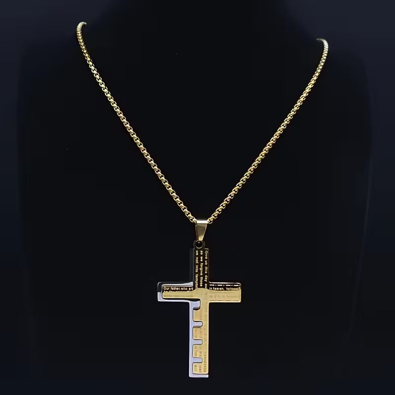 Vintage Christian Scripture Cross Pendant Necklace  Stainless Steel | Inspirational Bible Verse Engraved | Unisex Faith Jewelry
