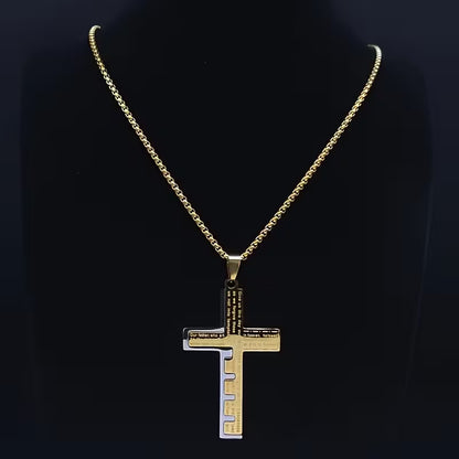 Vintage Christian Scripture Cross Pendant Necklace  Stainless Steel | Inspirational Bible Verse Engraved | Unisex Faith Jewelry