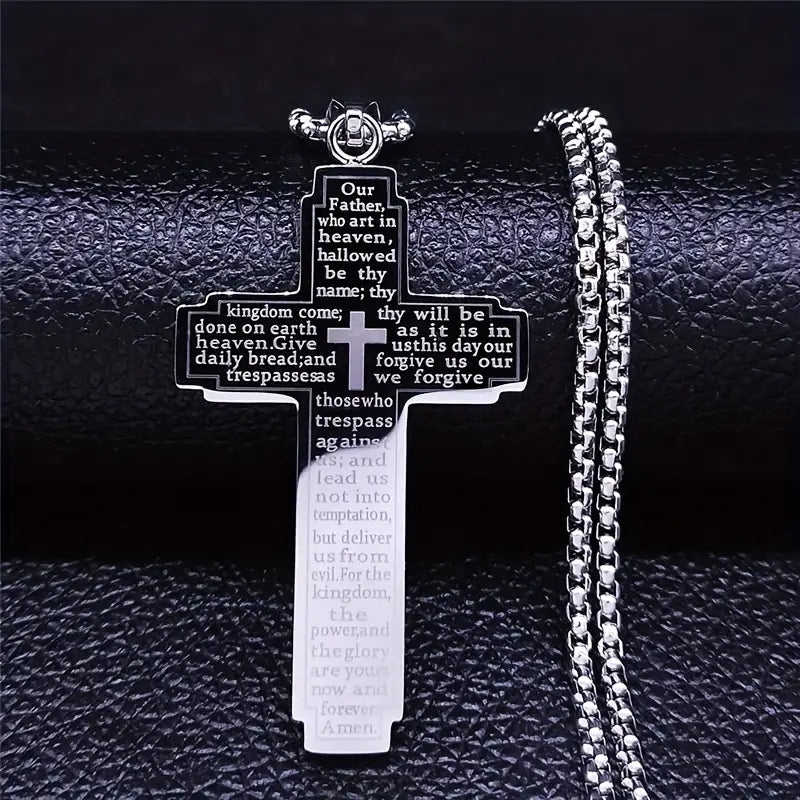 Vintage Christian Scripture Cross Pendant Necklace  Stainless Steel | Inspirational Bible Verse Engraved | Unisex Faith Jewelry