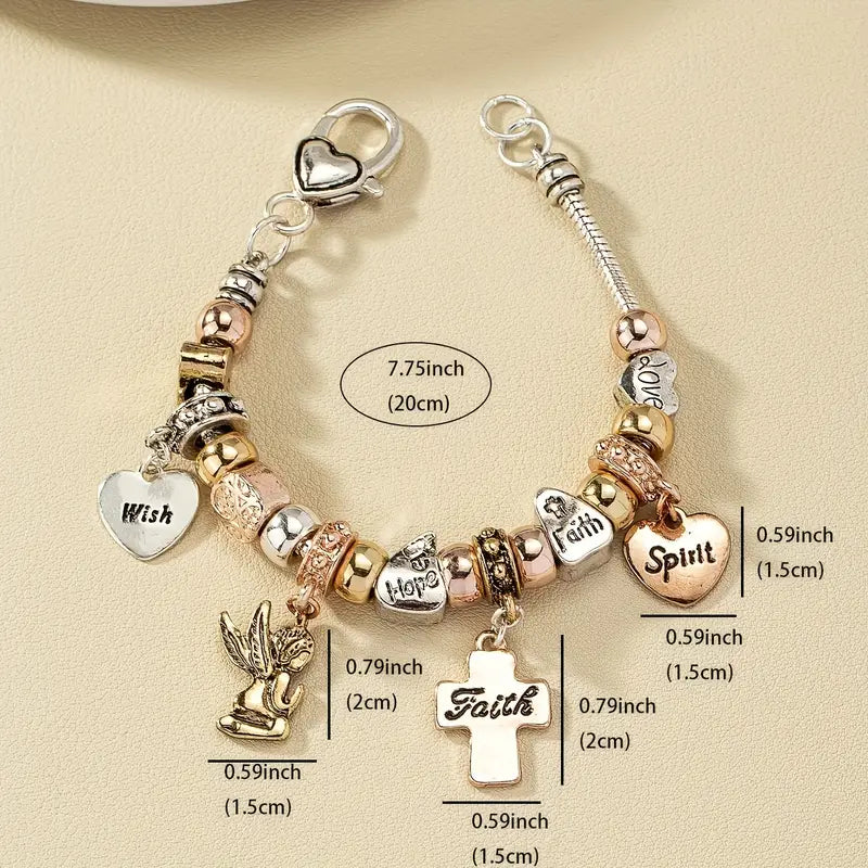 Vintage-Inspired Beaded Chic Bracelet - Zinc Alloy with Cross, Heart &amp; Angel Charms