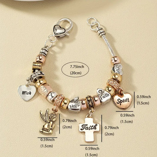 Vintage-Inspired Beaded Chic Bracelet - Zinc Alloy with Cross, Heart &amp; Angel Charms