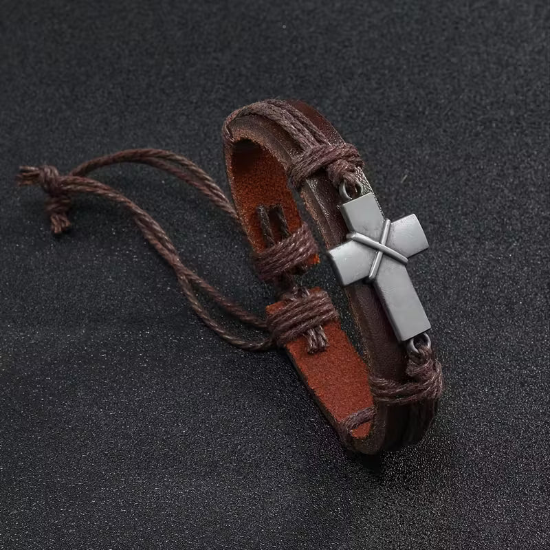 Retro Braided Cowhide Bracelet Simple Pull-Adjustable Cross Bracelet for Men One Piece