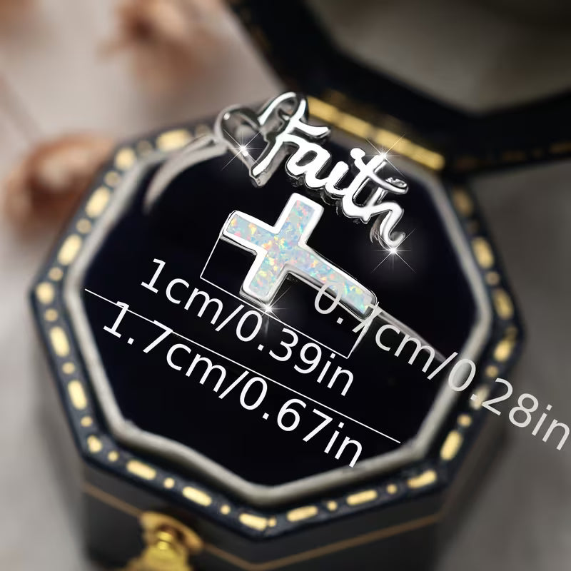 2g Unique 925 Sterling Silvery White Opal Cross Letter Faith Open Ring for Women