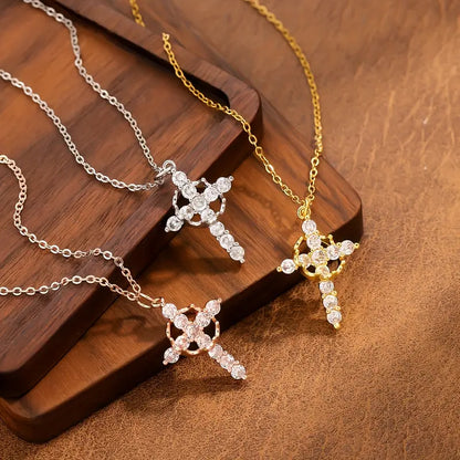 Elegant Crown Cross Pendant Necklace with Cubic Zirconia