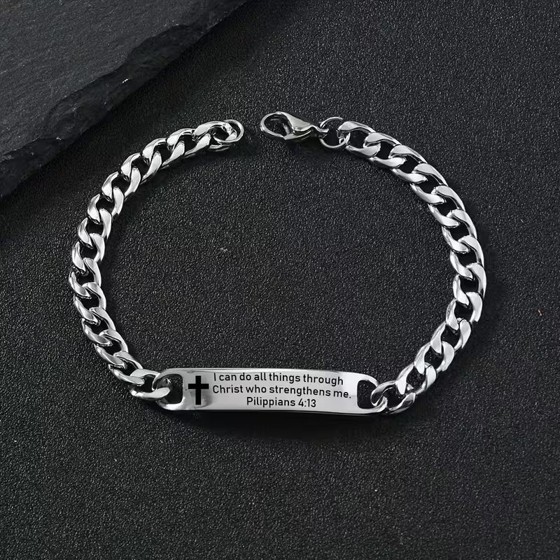 Men's Stainless Steel Christian Bible Verse Bracelet | Engraved Scripture Cross Link Chain | Philippians 4:13 & Luke 1:37 | Faith Bracelet Gift