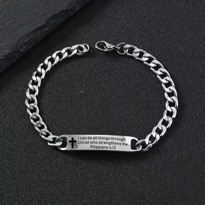 Men's Stainless Steel Christian Bible Verse Bracelet | Engraved Scripture Cross Link Chain | Philippians 4:13 & Luke 1:37 | Faith Bracelet Gift