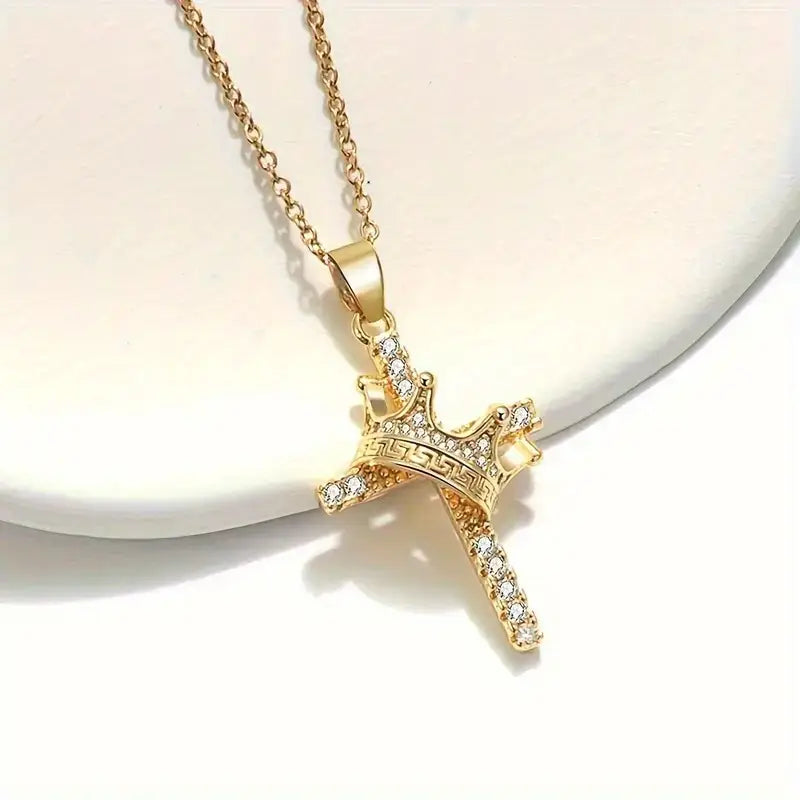 Elegant Crown Cross Pendant Necklace with Cubic Zirconia