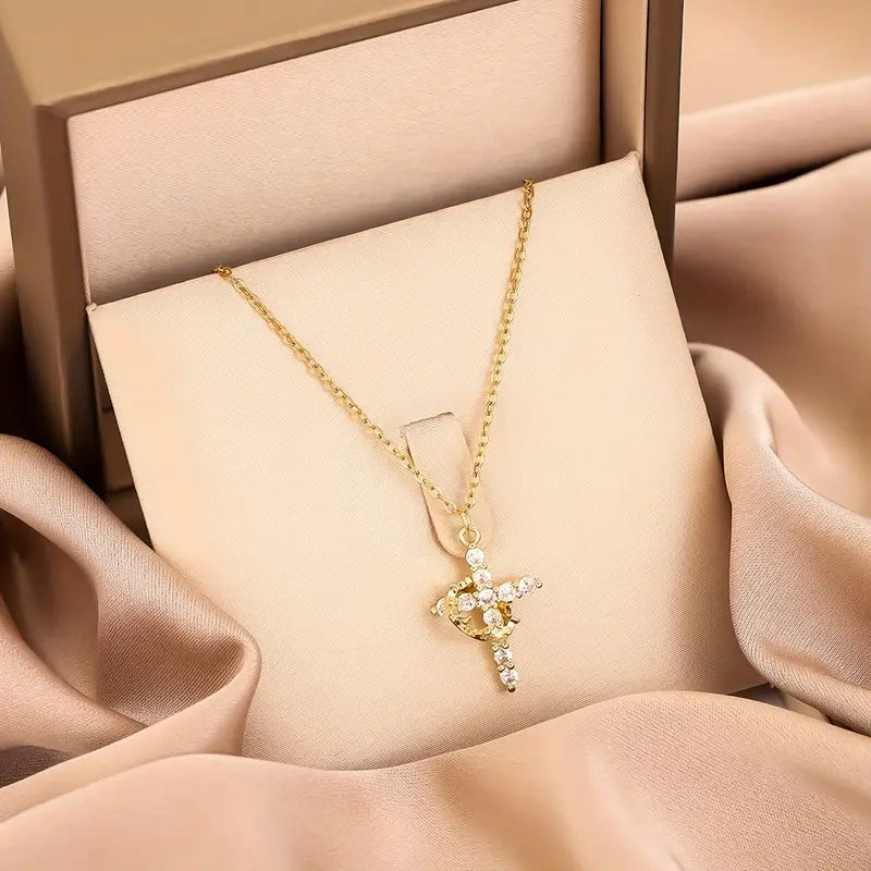 Elegant Crown Cross Pendant Necklace with Cubic Zirconia