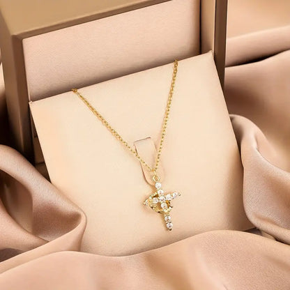 Elegant Crown Cross Pendant Necklace with Cubic Zirconia