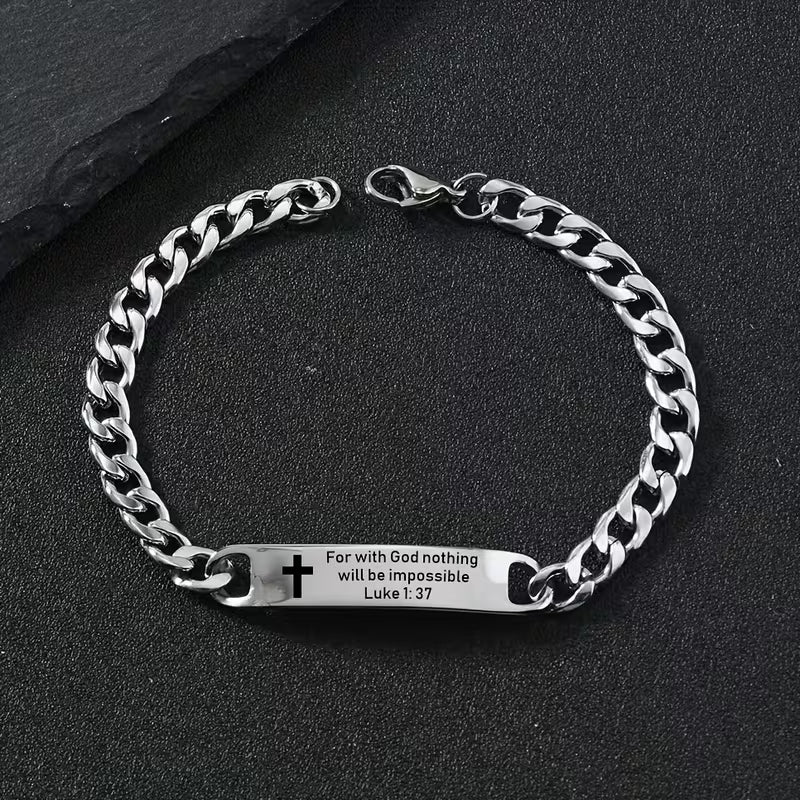 Men's Stainless Steel Christian Bible Verse Bracelet | Engraved Scripture Cross Link Chain | Philippians 4:13 & Luke 1:37 | Faith Bracelet Gift