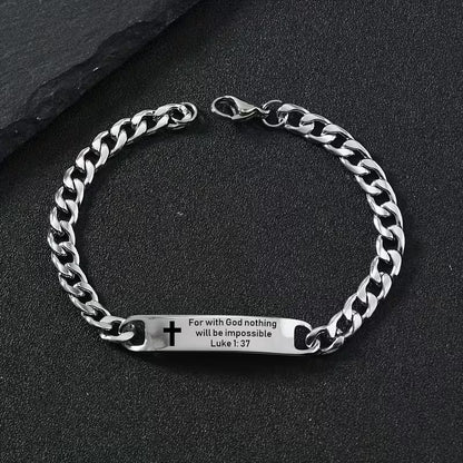 Men's Stainless Steel Christian Bible Verse Bracelet | Engraved Scripture Cross Link Chain | Philippians 4:13 & Luke 1:37 | Faith Bracelet Gift